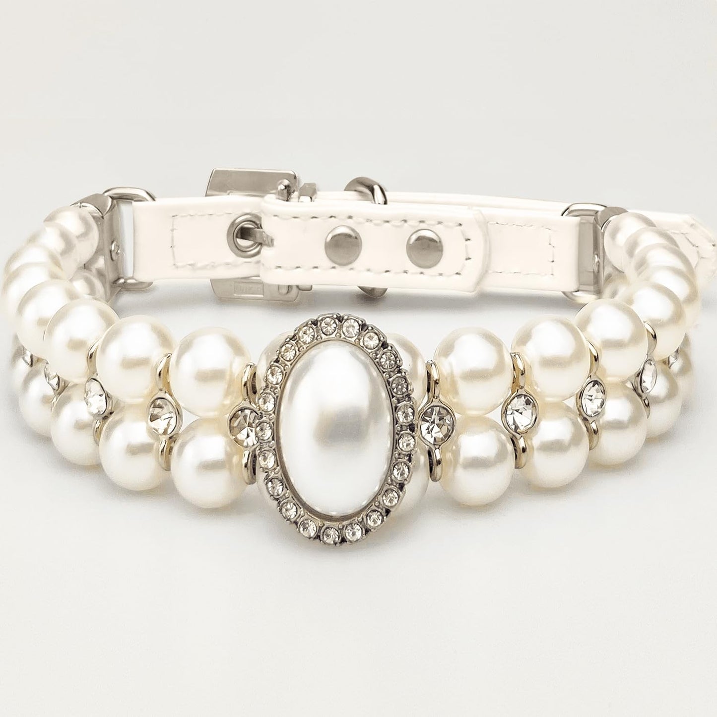 KUDES Small Dog Cat Big Pearl Collars with Crystal Rhinestone Diamond Décor, Adjustable Cute Fashion Pet PU Leather Collars Necklace for Wedding Birthday Party (S(9''-11.5''))