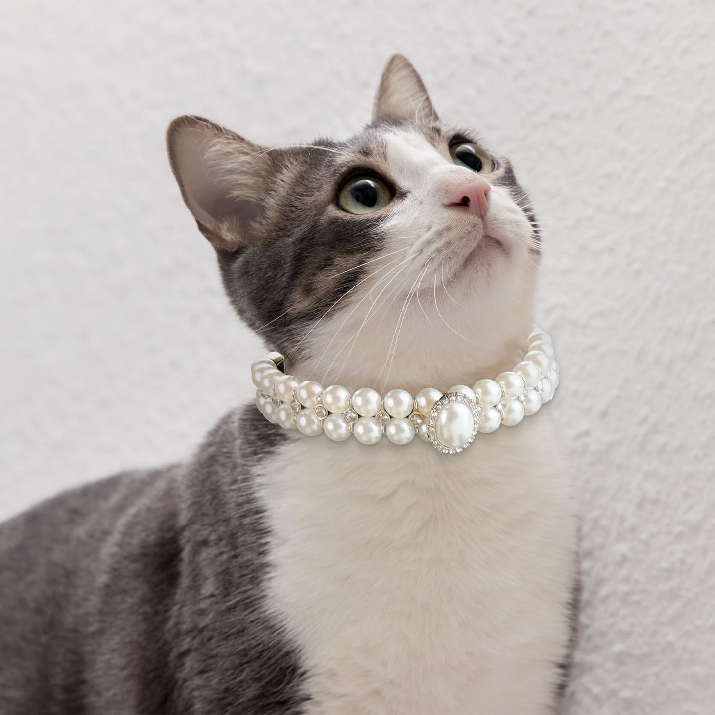 KUDES Small Dog Cat Big Pearl Collars with Crystal Rhinestone Diamond Décor, Adjustable Cute Fashion Pet PU Leather Collars Necklace for Wedding Birthday Party (S(9''-11.5''))