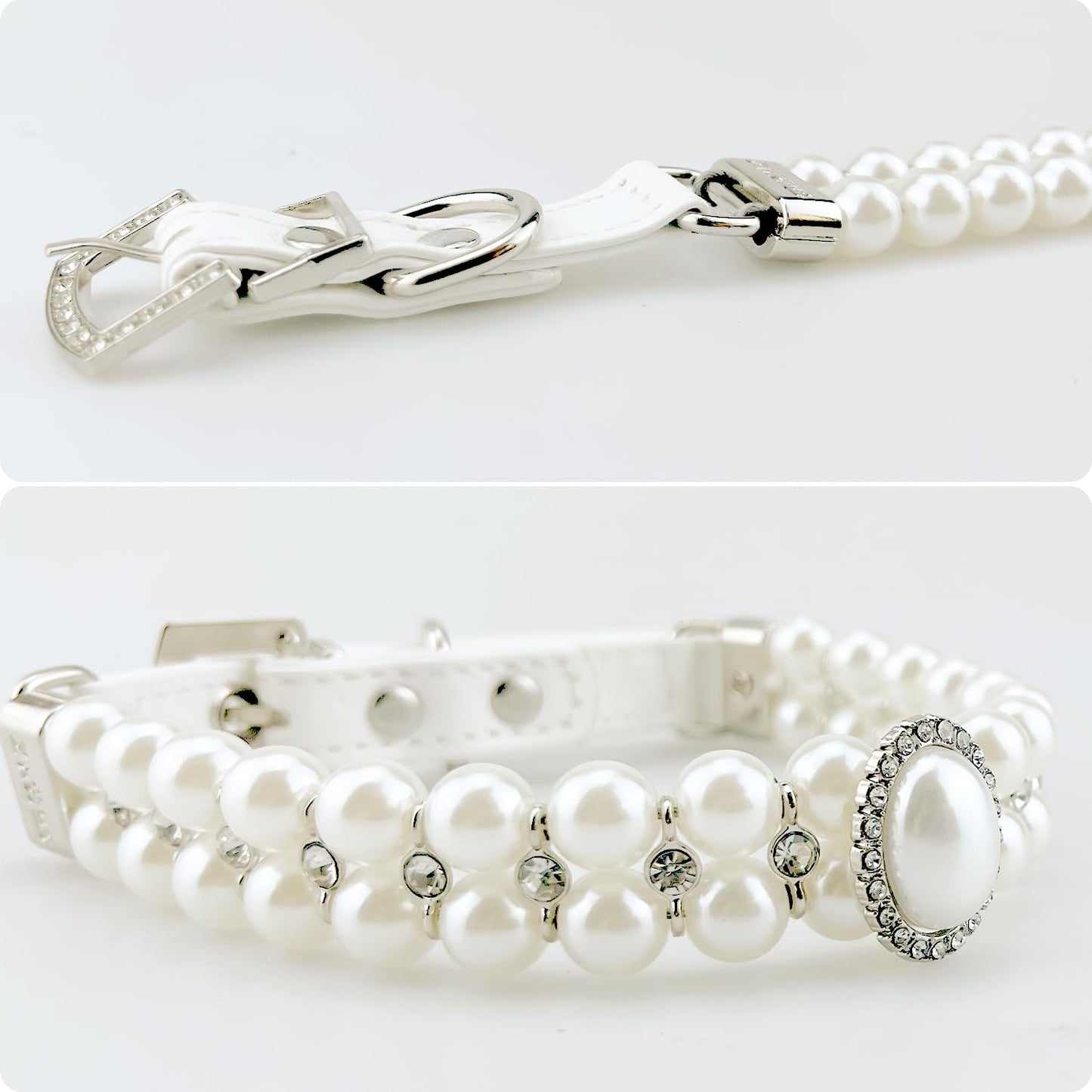 KUDES Small Dog Cat Big Pearl Collars with Crystal Rhinestone Diamond Décor, Adjustable Cute Fashion Pet PU Leather Collars Necklace for Wedding Birthday Party (S(9''-11.5''))