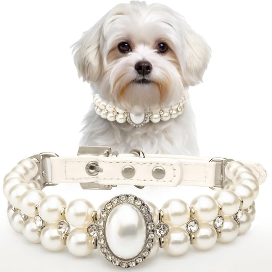 KUDES Small Dog Cat Big Pearl Collars with Crystal Rhinestone Diamond Décor, Adjustable Cute Fashion Pet PU Leather Collars Necklace for Wedding Birthday Party (S(9''-11.5''))