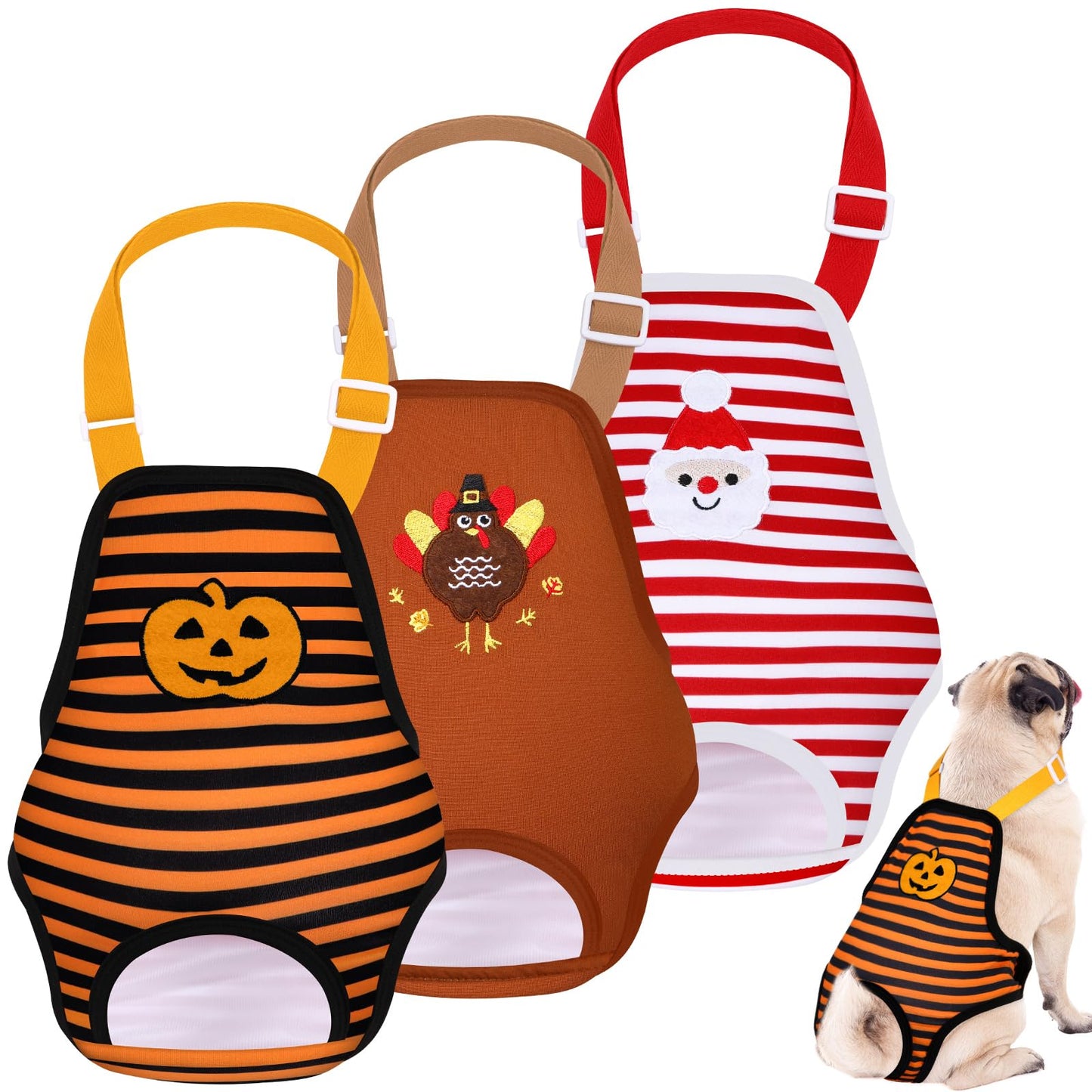 3 Pieces Dog Diaper Striped Sanitary Pantie with Adjustable Suspender Washable Reusable Puppy Sanitary Panties Cute Pet Underwear Diaper Jumpsuits for Female Dogs (Animal Pattern,M)