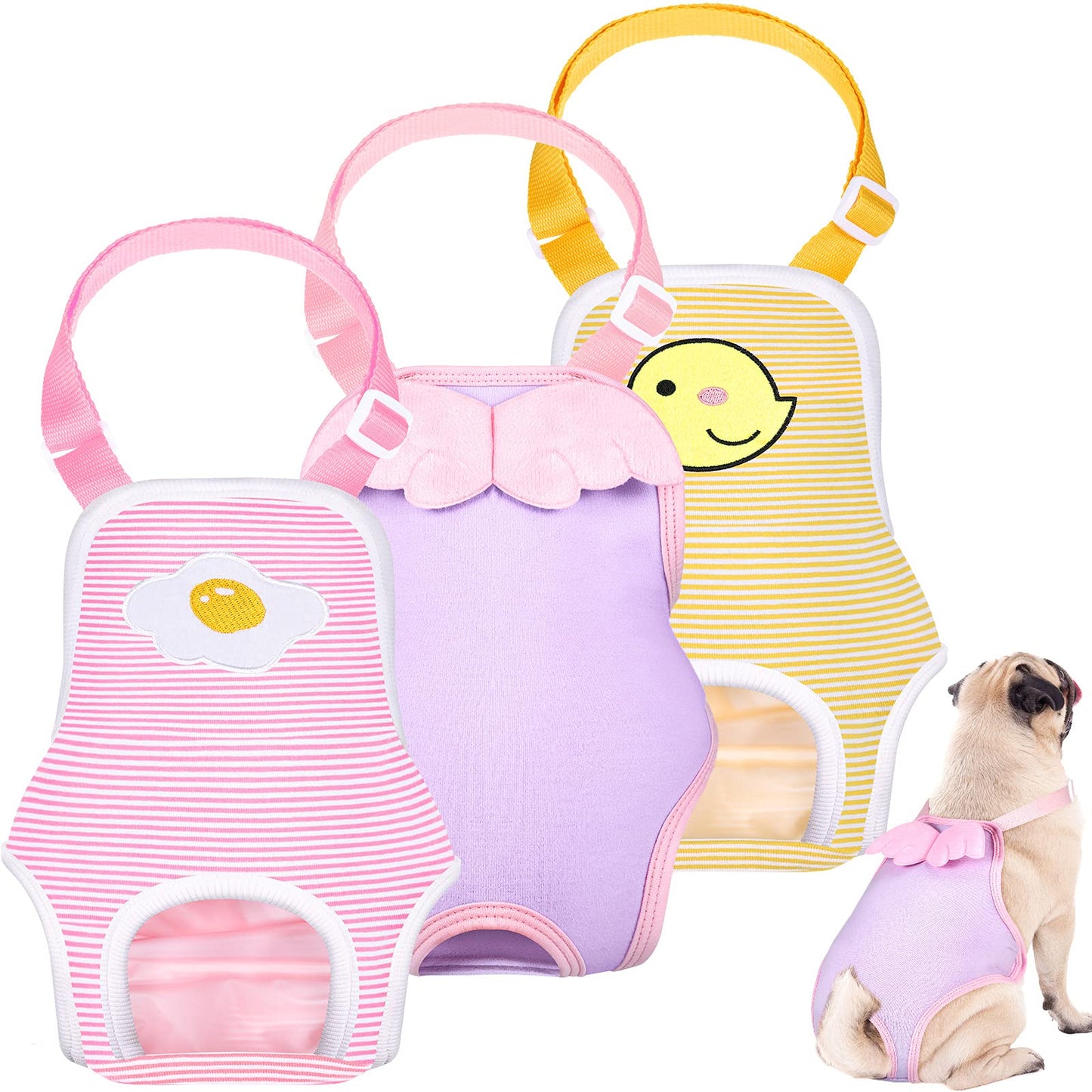 3 Pieces Dog Diaper Striped Sanitary Pantie with Adjustable Suspender Washable Reusable Puppy Sanitary Panties Cute Pet Underwear Diaper Jumpsuits for Female Dogs (Animal Pattern,M)