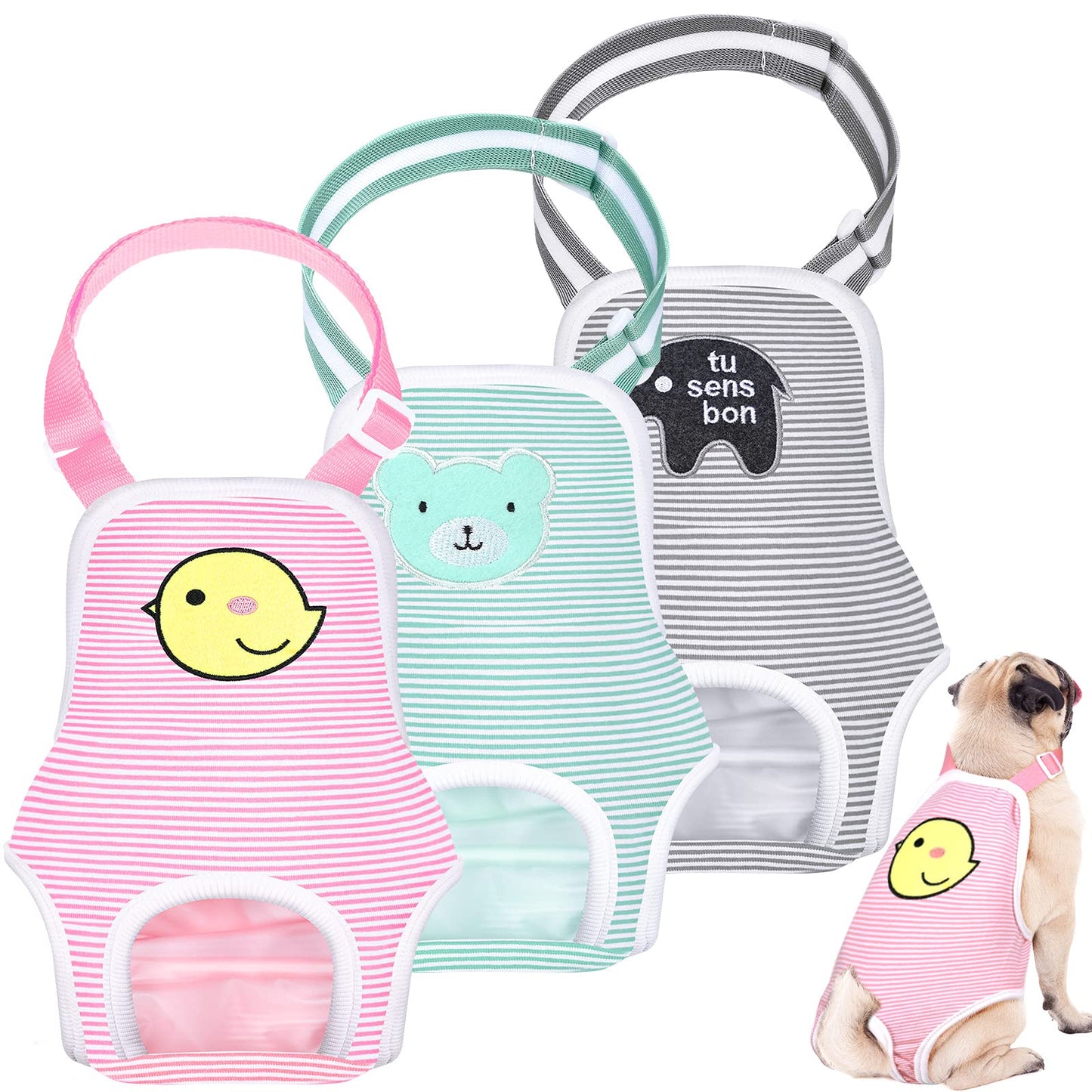 3 Pieces Dog Diaper Striped Sanitary Pantie with Adjustable Suspender Washable Reusable Puppy Sanitary Panties Cute Pet Underwear Diaper Jumpsuits for Female Dogs (Animal Pattern,M)