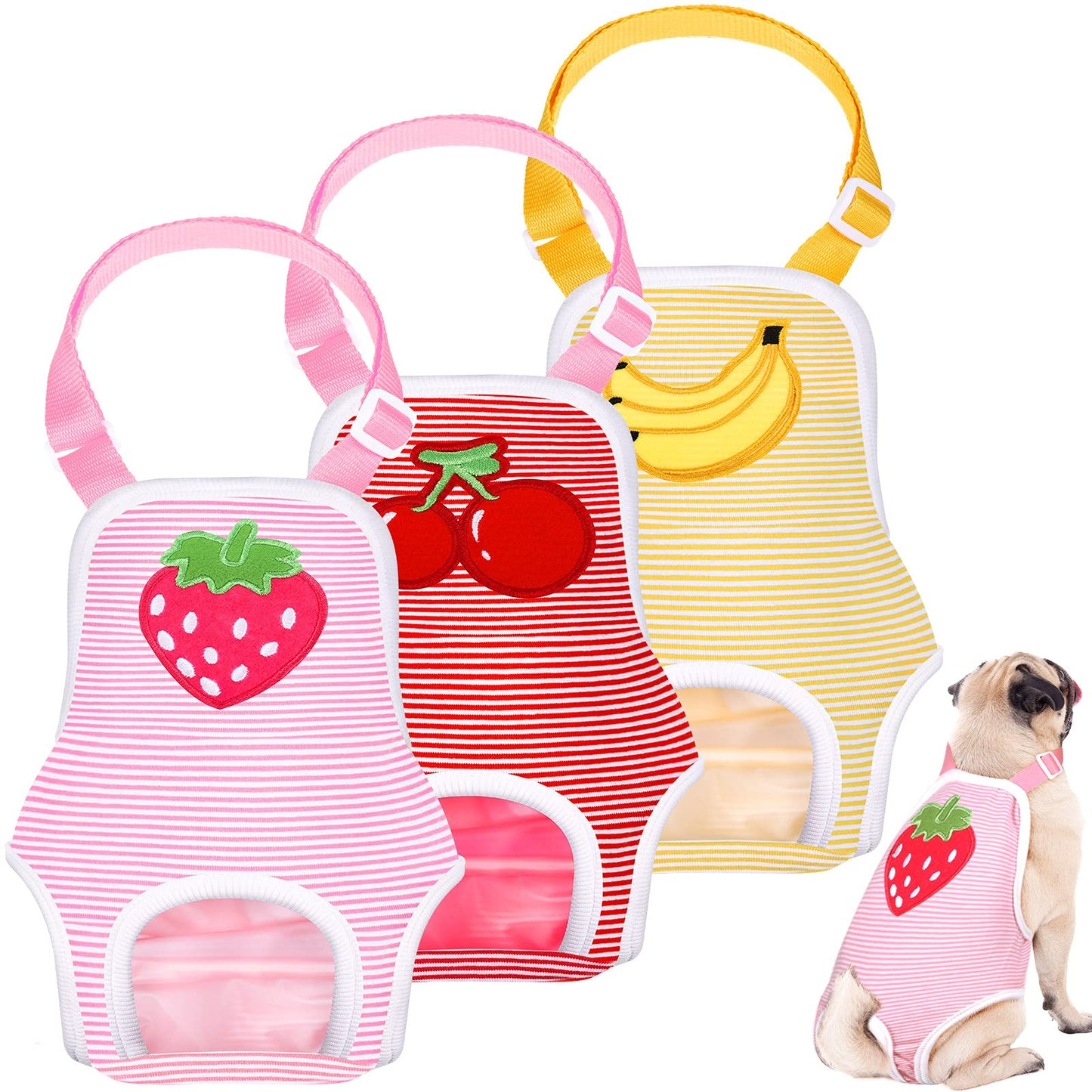 3 Pieces Dog Diaper Striped Sanitary Pantie with Adjustable Suspender Washable Reusable Puppy Sanitary Panties Cute Pet Underwear Diaper Jumpsuits for Female Dogs (Animal Pattern,M)