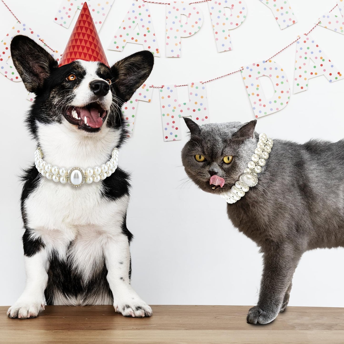 KUDES Small Dog Cat Big Pearl Collars with Crystal Rhinestone Diamond Décor, Adjustable Cute Fashion Pet PU Leather Collars Necklace for Wedding Birthday Party (S(9''-11.5''))