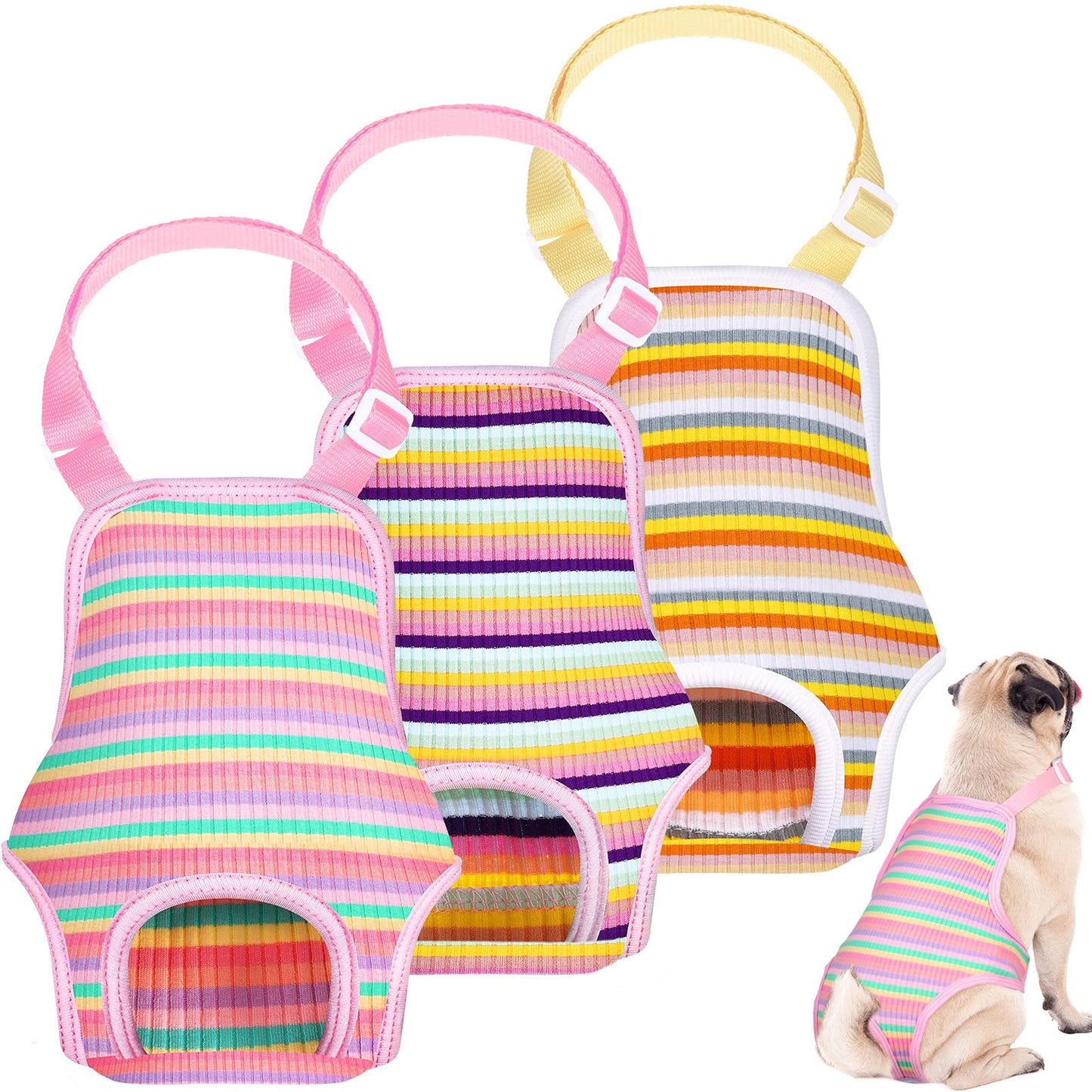 3 Pieces Dog Diaper Striped Sanitary Pantie with Adjustable Suspender Washable Reusable Puppy Sanitary Panties Cute Pet Underwear Diaper Jumpsuits for Female Dogs (Animal Pattern,M)