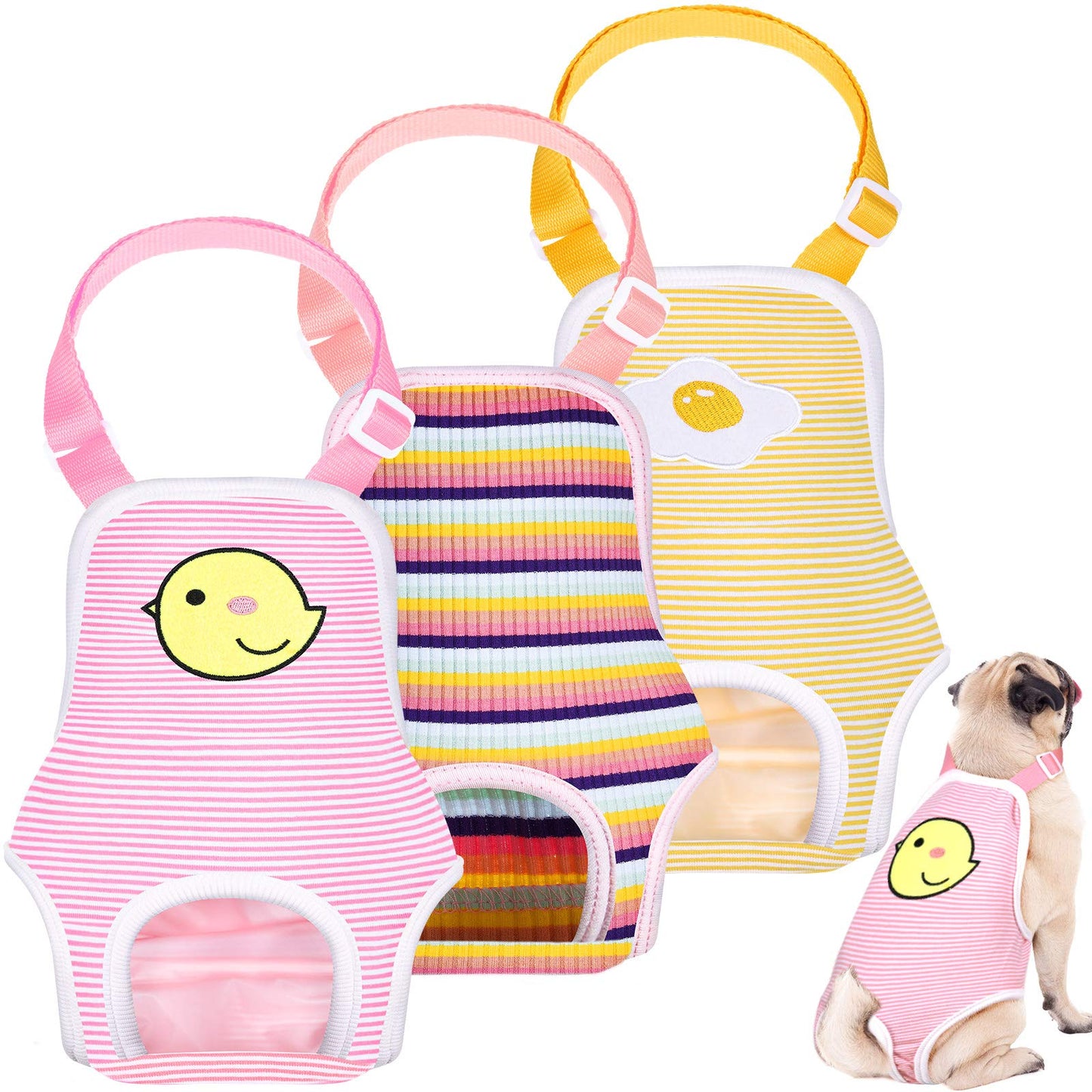 3 Pieces Dog Diaper Striped Sanitary Pantie with Adjustable Suspender Washable Reusable Puppy Sanitary Panties Cute Pet Underwear Diaper Jumpsuits for Female Dogs (Animal Pattern,M)