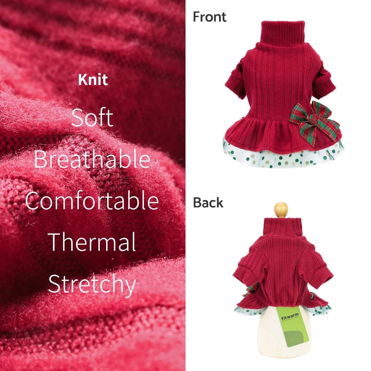 Fitwarm Dog Christmas Outfit, Knitted Dog Tulle Sweater Dress, Dog Winter Clothes for Small Dogs Girl, Cat Apparel, Red, Green, Medium